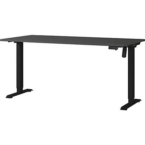 Grauer, höhenverstellbarer Schreibtisch, schwarzes Gestell. Seitlich Bedienfeld.