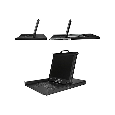 Schwarze Rack-Konsole mit Bildschirm, Tastatur und Touchpad. Oben links und rechts: GeÃ¶ffnete und geschlossene Ansicht.
