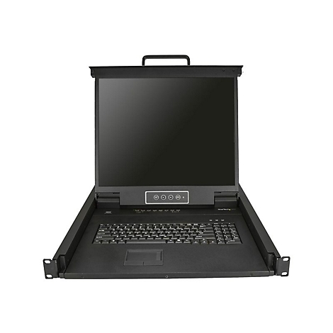 Schwarzer KVM-Switch mit Monitor, Tastatur und Touchpad. Der Switch ist in einem GehÃ¤use verbaut und hat einen Griff.