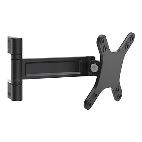 Support de moniteur noir, montÃ© au mur. Bras rectangulaire avec articulation pivotante et support VESA.
