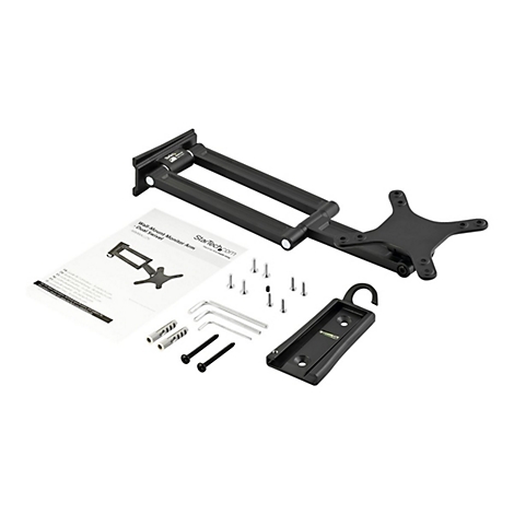 Support de moniteur noir et accessoires, instructions et outils sur fond blanc. Logo StarTech.com.
