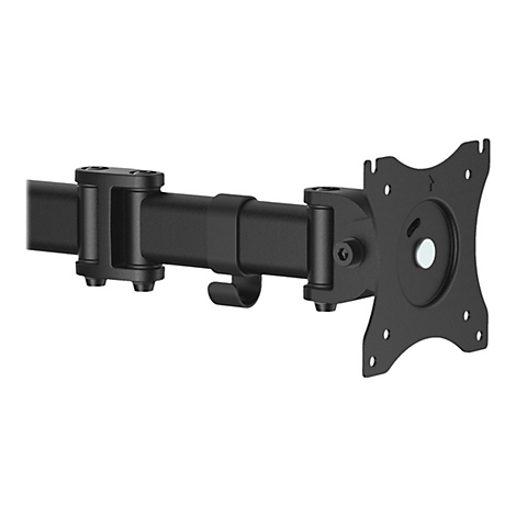 Support noir pour moniteur avec plusieurs articulations. Un crochet et un support sont Ã©galement visibles.