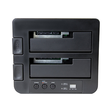 BoÃ®tier de disque dur noir avec deux baies, boutons et indicateur d'Ã©tat.