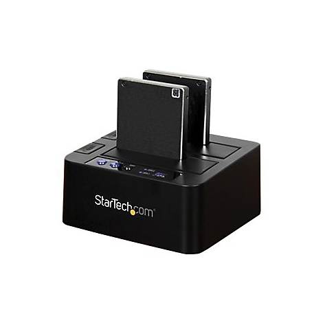 Station d'accueil pour disque dur noir avec deux disques durs, logo StarTech.com.