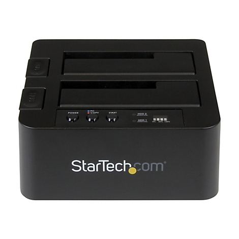 Station d'accueil pour disque dur noir Ã  deux baies, avec boutons et logo StarTech.com.