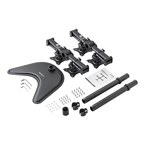 Support de moniteur noir avec composants, comprenant vis, outils et instructions.