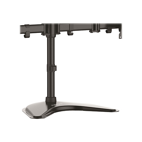 Support d'Ã©cran noir avec deux supports. Il se compose d'une base, d'un support vertical et d'une barre horizontale.