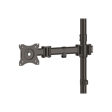 Bras de moniteur noir avec support, porte-Ã -faux et barre, sur fond blanc.