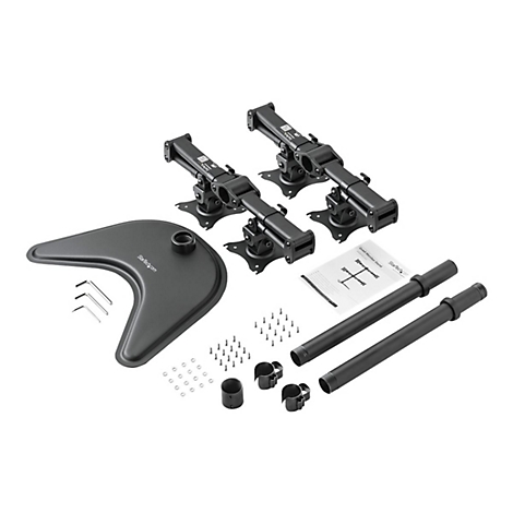 Kit de fixation d'Ã©cran noir avec diverses piÃ¨ces et vis sur fond blanc.