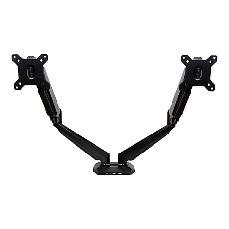 Support double Ã©cran noir avec bras articulÃ©s sur fond blanc.