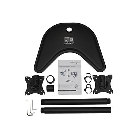 Diverses composants noirs d'un support d'Ã©cran, dont une base, des supports, des poteaux et des accessoires.