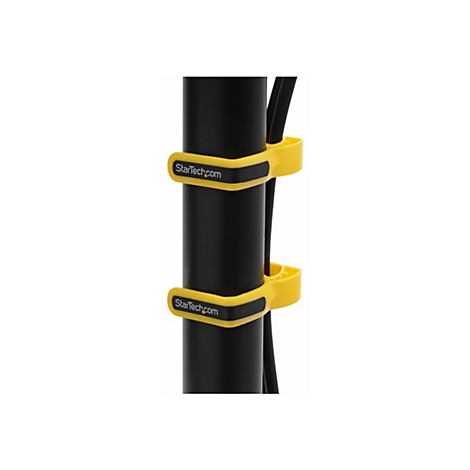 Poteau noir avec serre-cÃ¢bles jaunes. Inscription: StarTech.com.