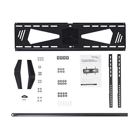Support mural TV noir avec accessoires sur fond blanc. Instructions et vis Ã©galement visibles.