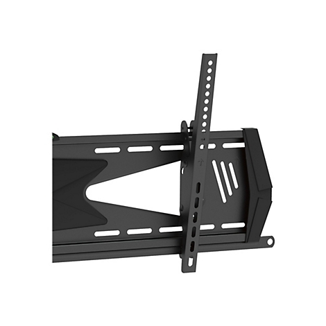 Support TV noir sur fond blanc. Le support est en mÃ©tal, avec des trous et un bras de support avec des trous oblongs.