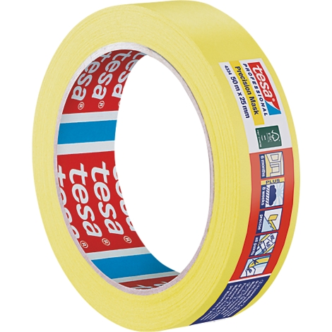 Ruban adhésif jaune, imprimé avec la marque Tesa, sur fond blanc.