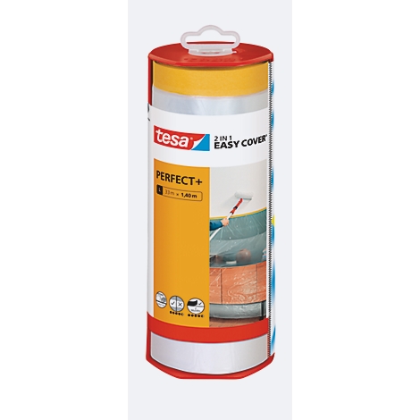 Un rouleau cylindrique avec une impression rouge et jaune avec l'inscription Tesa. Un graphique montre l'application.