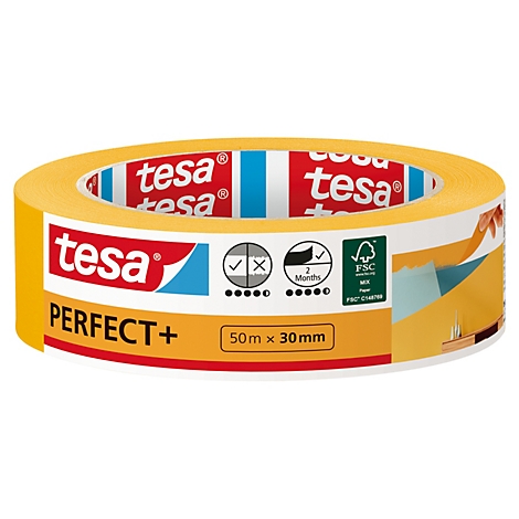 Ruban adhésif jaune tesa avec lettrage rouge, "tesa PERFECT+".