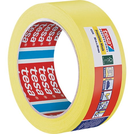 Gelbes Tesa-Abdeckband, Rolle mit Beschriftung: 'Precision Mask' und Logos.