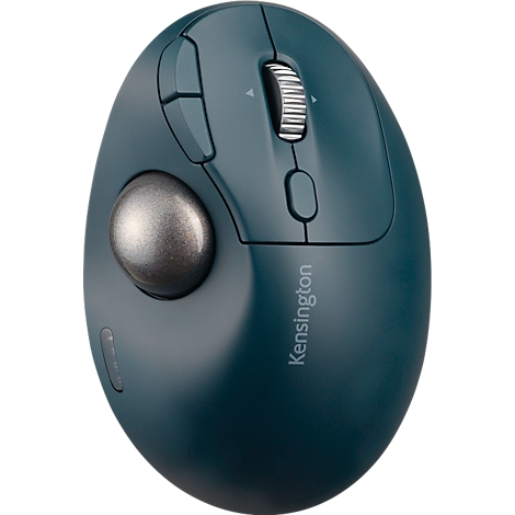 Souris ergonomique bleu sarcelle. Une boule de commande argentée se trouve en bas à gauche. Boutons et molette de défilement présents.