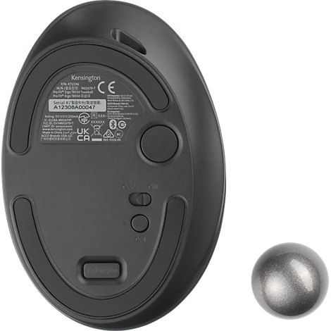 Le dessous d'une souris ergonomique, gris foncé. A côté, une boule grise. Deux interrupteurs et un bouton sont visibles.