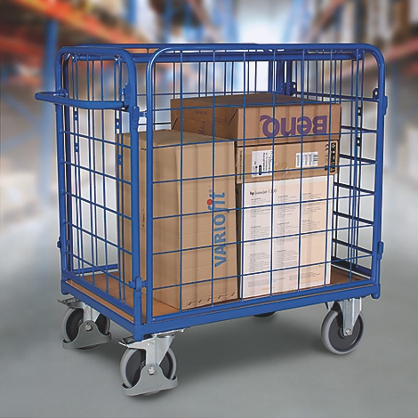 Blau gaaswagen met dozen geladen in een magazijn. De kar heeft wielen en een handvat.