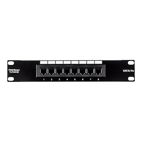 Schwarzes Patchpanel mit acht Ethernet-AnschlÃ¼ssen, beschriftet mit Zahlen und Text. CAT.5/5e.