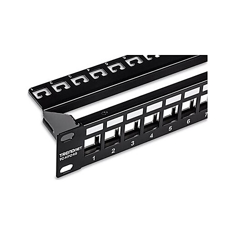 Schwarzes Patchpanel mit nummerierten AnschlÃ¼ssen und weiÃŸer Schrift. Das Produkt ist von der Marke TRENDnet.