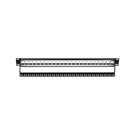 Schwarzes Patchpanel mit vielen rechteckigen Ã–ffnungen und AnschlÃ¼ssen, vor weiÃŸem Hintergrund.