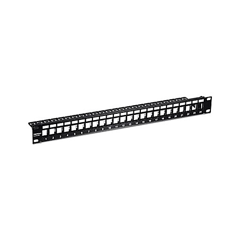 Schwarzes Patchpanel mit 24 nummerierten AnschlÃ¼ssen auf weiÃŸem Hintergrund.