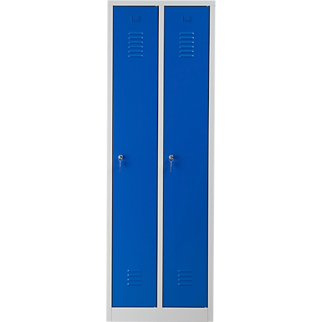 Deux casiers bleus sur fond clair. Chaque casier a une serrure et des fentes d'aération.