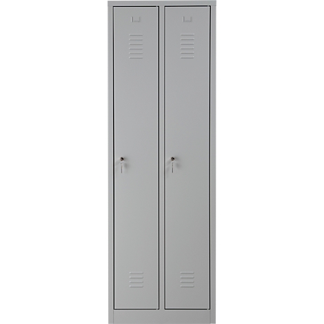 Casier double en acier gris avec deux portes, des fentes et des trous de serrure.