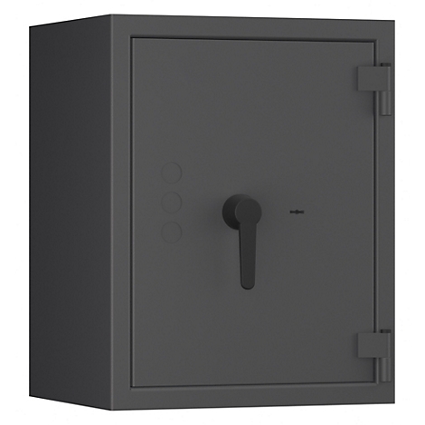 Dunkelgrauer Tresor mit Griff und drei Knöpfen, vor weißem Hintergrund.