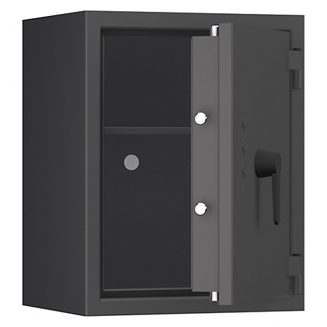 Ein geöffneter, grauer Tresor. Die Tür ist halb geöffnet. Im Inneren ist ein Fach zu sehen.