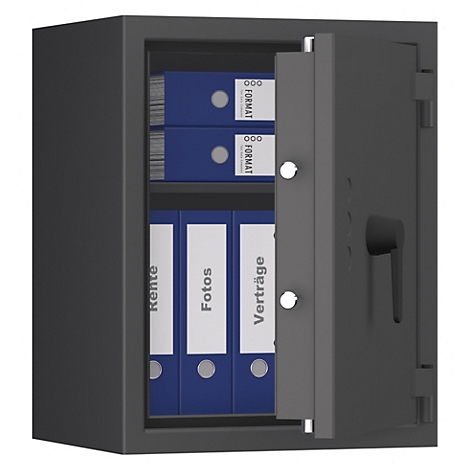 Ein geöffneter, grauer Tresor mit blauen Ordnern. Auf den Ordnern stehen die Begriffe „Rente“, „Fotos“ und „Verträge“.