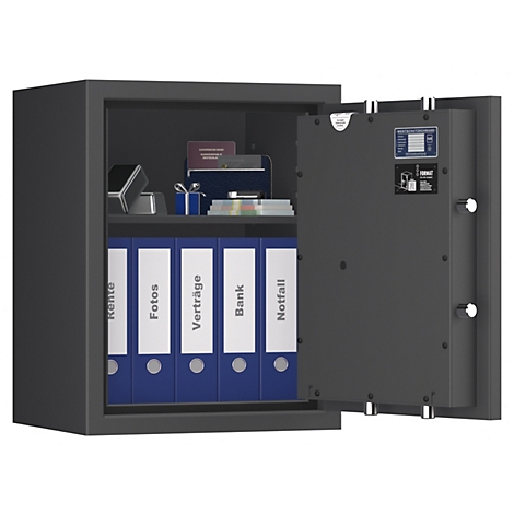 Ein offener, grauer Tresor. Darin Ordner mit Beschriftungen wie "Rente", "Fotos", "Verträge", "Bank", "Notfall".