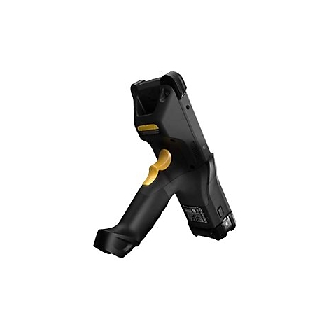 Schwarzer Barcodescanner mit gelben Akzenten auf weiÃŸem Hintergrund. Der Griff ist ergonomisch geformt.