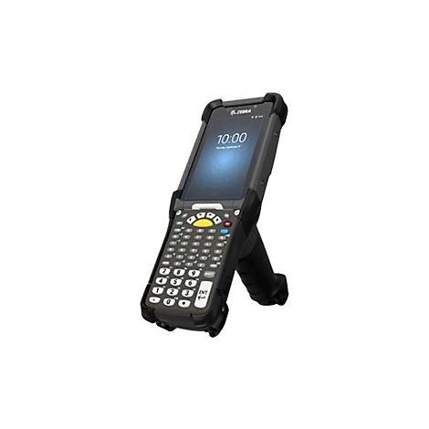 Dunkler Handheld-Computer, Display mit Uhrzeit 10:00 Uhr. Tastatur mit vielen Tasten. Schwarzer StÃ¤nder.