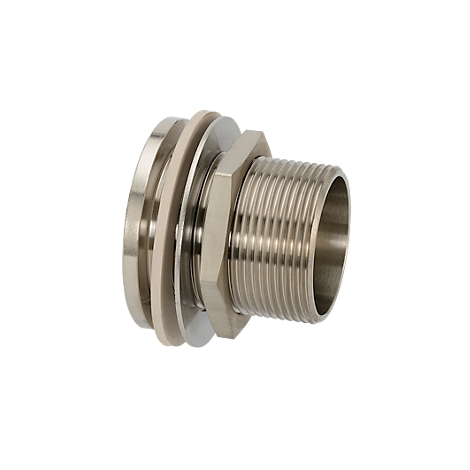 Metal pipe connector, with thread, on a white background.