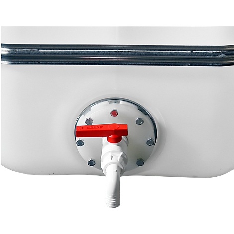 Close-up of a white tank with a red faucet. The faucet is open.