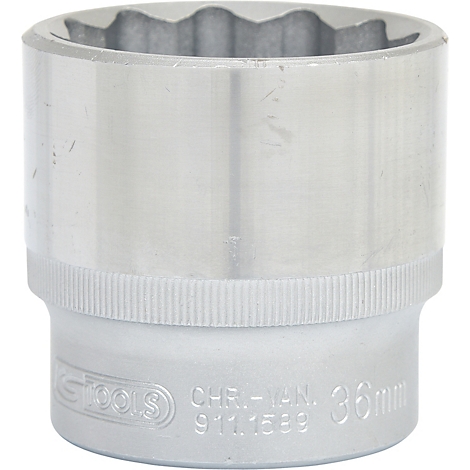 Eine silberne Steckschlüssel-Nuss mit 12-kant Innenprofil, KSTOOLS Logo und Prägung 36mm, CHR-VAN.