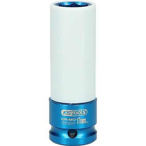 Blauer KS TOOLS Steckschlüssel, weißes Mittelstück, Schriftzug, 17mm.