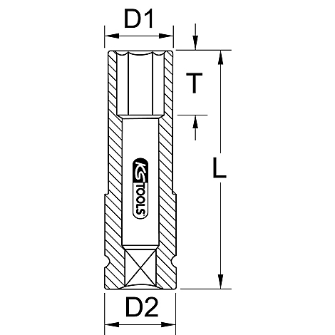 Werkzeug-Aufsatz, Ansicht mit D1, D2, T und L beschriftet; KS TOOLS Logo.