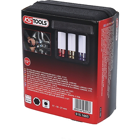 Schwarze Box mit KS TOOLS-Logo und drei farbigen Steckschlüsseln. Text mit technischen Daten und Produktbezeichnungen.