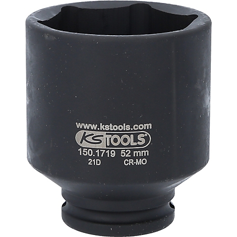 Schwarze Stecknuss von KS TOOLS mit sechseckiger Öffnung. Aufschrift: www.kstools.com, KS TOOLS, 150.1719 52 mm, 21D CR-MO.