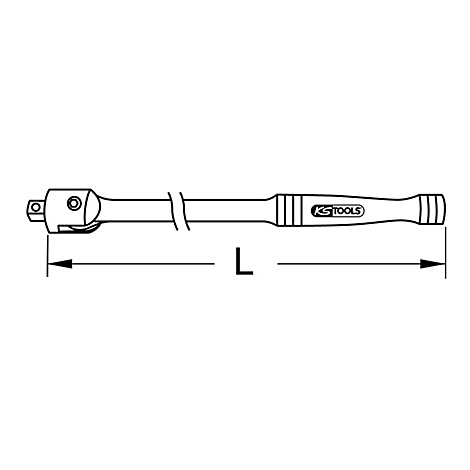 Eine Illustration eines Knarrenwerkzeugs. Am Werkzeug ist der Schriftzug KS TOOLS zu sehen. Die Länge des Werkzeugs wird durch den Buchstaben L gekennzeichnet.