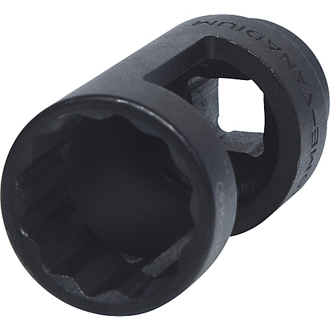 Schwarze 12-Kant-Stecknuss aus Metall, mit Vierkant und Schriftzug.