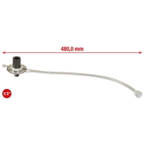 Ein abgewinkeltes Werkzeug, das aus einem schwarzen Kopf, einem flexiblen Metallteil und einem runden Knopf besteht. Darüber ist die Abmessung 480 mm angegeben.