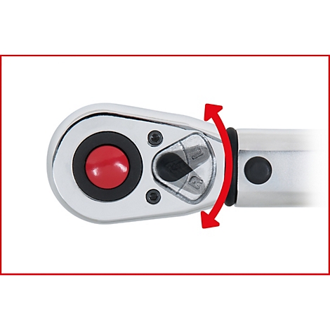 Detailaufnahme eines Drehmomentschlüssels. Roter Knopf und Umschalter. Rote Pfeile zeigen die Drehrichtung an.