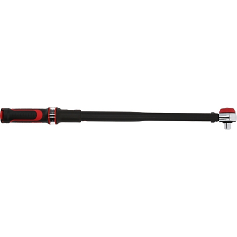 Ein schwarzer Drehmomentschlüssel mit rotem Griff und roter Markierung.