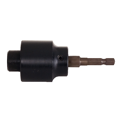 Schwarzer Adapter für Bohrmaschine mit braunem Bit.